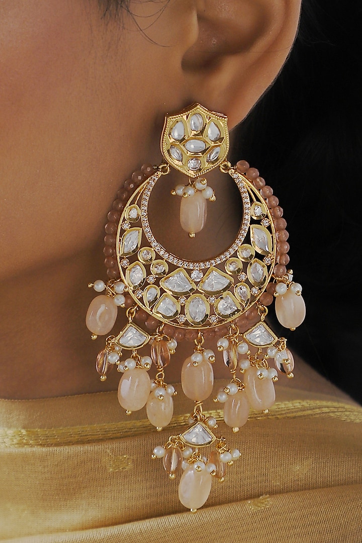 Gold Finish Peach Agate Beads Chandbali Earrings by Joules By Radhika