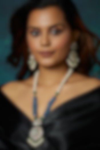 White Finish Grey Agate Stone & Kundan Polki Long Necklace Set by Joules By Radhika at Pernia's Pop Up Shop