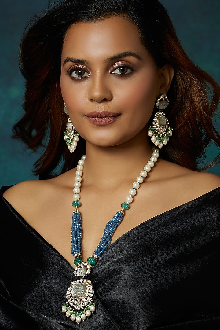 White Finish Grey Agate Stone & Kundan Polki Long Necklace Set by Joules By Radhika at Pernia's Pop Up Shop