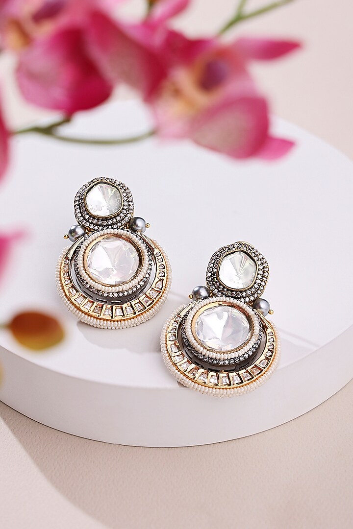 Gold Finish Kundan Polki & Austrian Zircon Dangler Earrings by Joules By Radhika at Pernia's Pop Up Shop