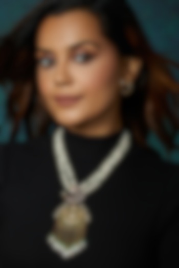 Gold Finish Polki & Baroque Pearl Long Pendant Necklace Set by Joules By Radhika at Pernia's Pop Up Shop