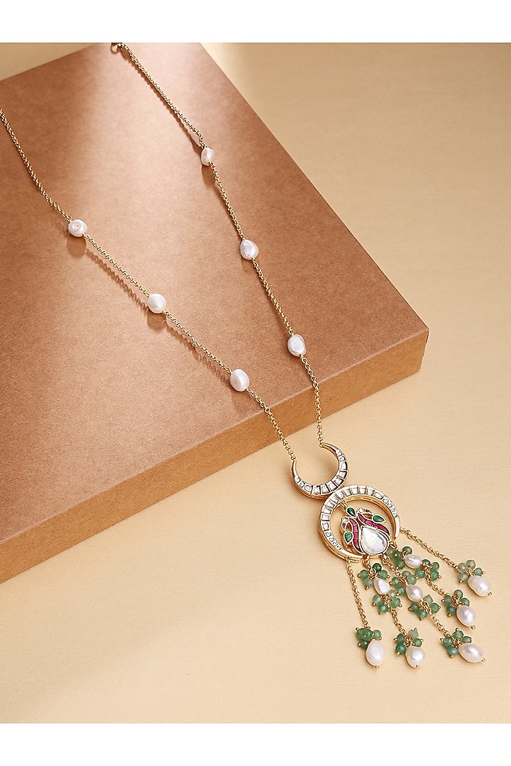 Gold Finish Polki & Pearl Long Pendant Necklace by Joules By Radhika at Pernia's Pop Up Shop