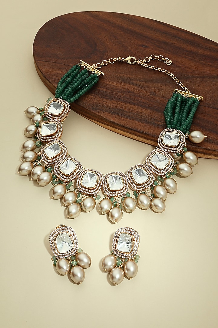 Gold Finish Kundan Polki & Green Agate Choker Necklace Set by Joules By Radhika at Pernia's Pop Up Shop