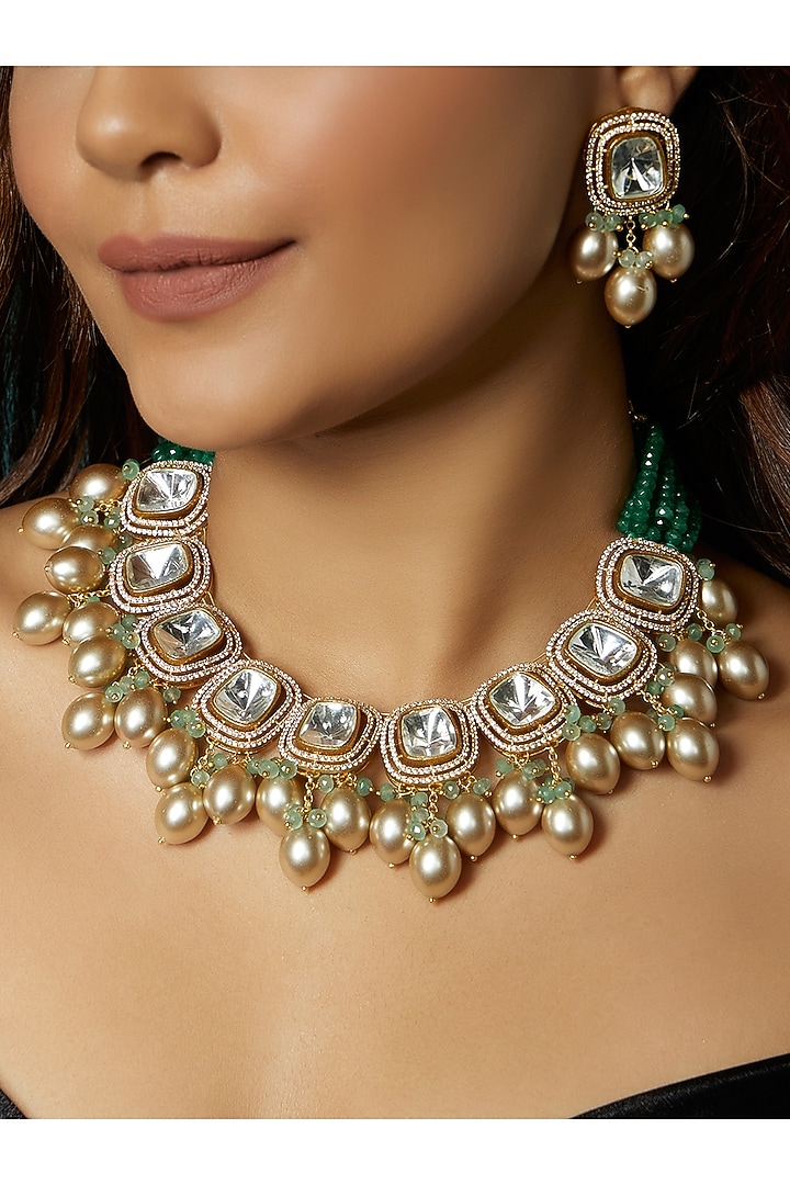 Gold Finish Kundan Polki & Green Agate Choker Necklace Set by Joules By Radhika at Pernia's Pop Up Shop