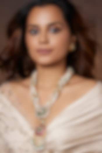 Gold Finish Multi-Colored Agate & Motif Long Pendant Necklace Set by Joules By Radhika at Pernia's Pop Up Shop