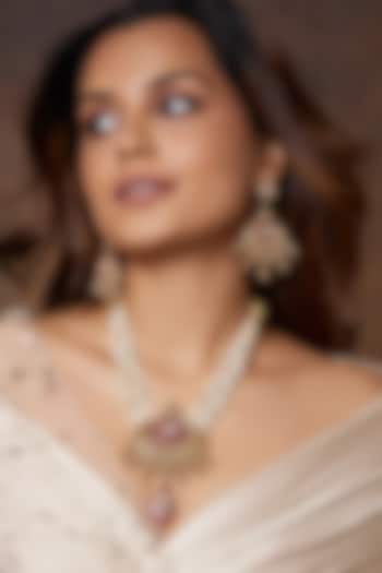 Gold Finish Off-White Beaded Temple Pendant Necklace Set by Joules By Radhika at Pernia's Pop Up Shop