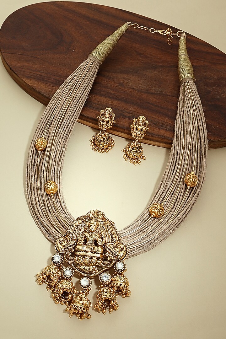 Gold Finish Polki Temple Pendant Necklace Set by Joules By Radhika at Pernia's Pop Up Shop