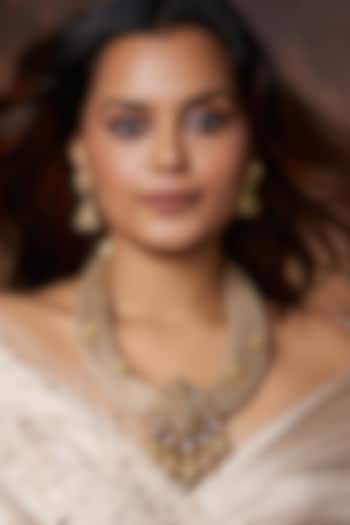 Gold Finish Polki Temple Pendant Necklace Set by Joules By Radhika at Pernia's Pop Up Shop