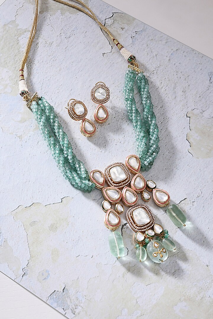Gold Finish Green Kundan Polki Necklace Set by Joules By Radhika at Pernia's Pop Up Shop