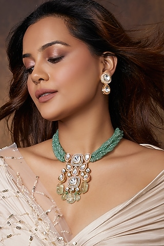 Gold Finish Green Kundan Polki Necklace Set by Joules By Radhika