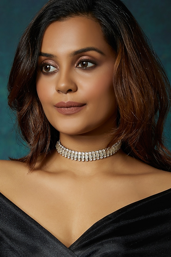 Gold Finish Kundan Polki Cabachon Grey Stone Choker Necklace by Joules By  Radhika at Pernia's Pop Up Shop