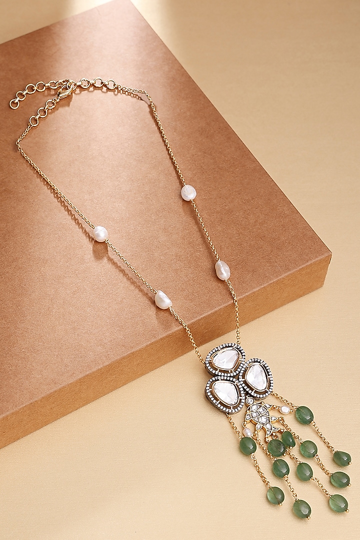 Gold Finish Kundan Polki & Green Jade Beaded Necklace by Joules By Radhika at Pernia's Pop Up Shop