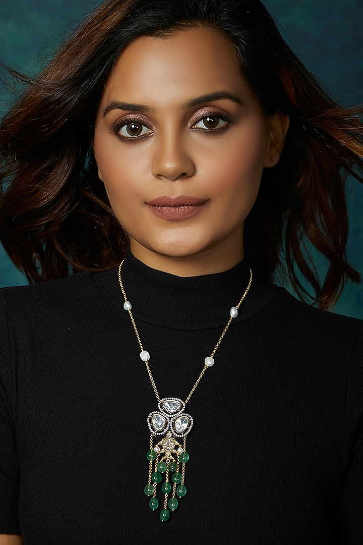 Gold Finish Kundan Polki & Green Jade Beaded Necklace by Joules By Radhika at Pernia's Pop Up Shop