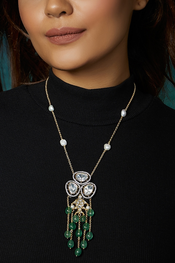 Gold Finish Kundan Polki & Green Jade Beaded Necklace by Joules By Radhika at Pernia's Pop Up Shop