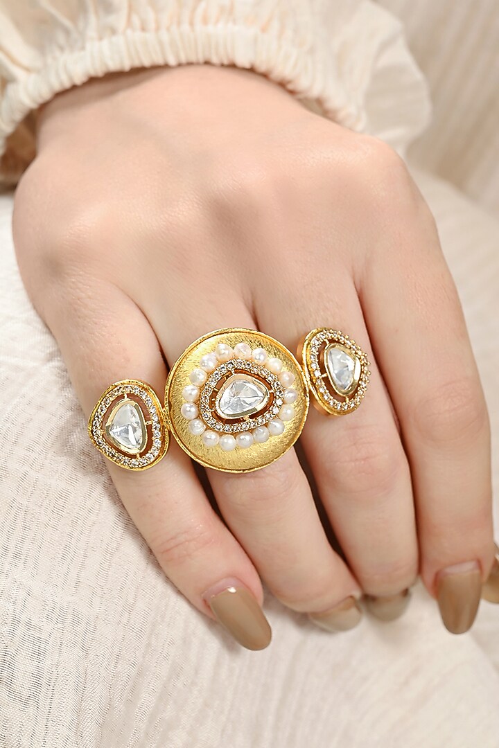 Gold Plated Kundan Polki & Pearl Ring by Joules By Radhika at Pernia's Pop Up Shop
