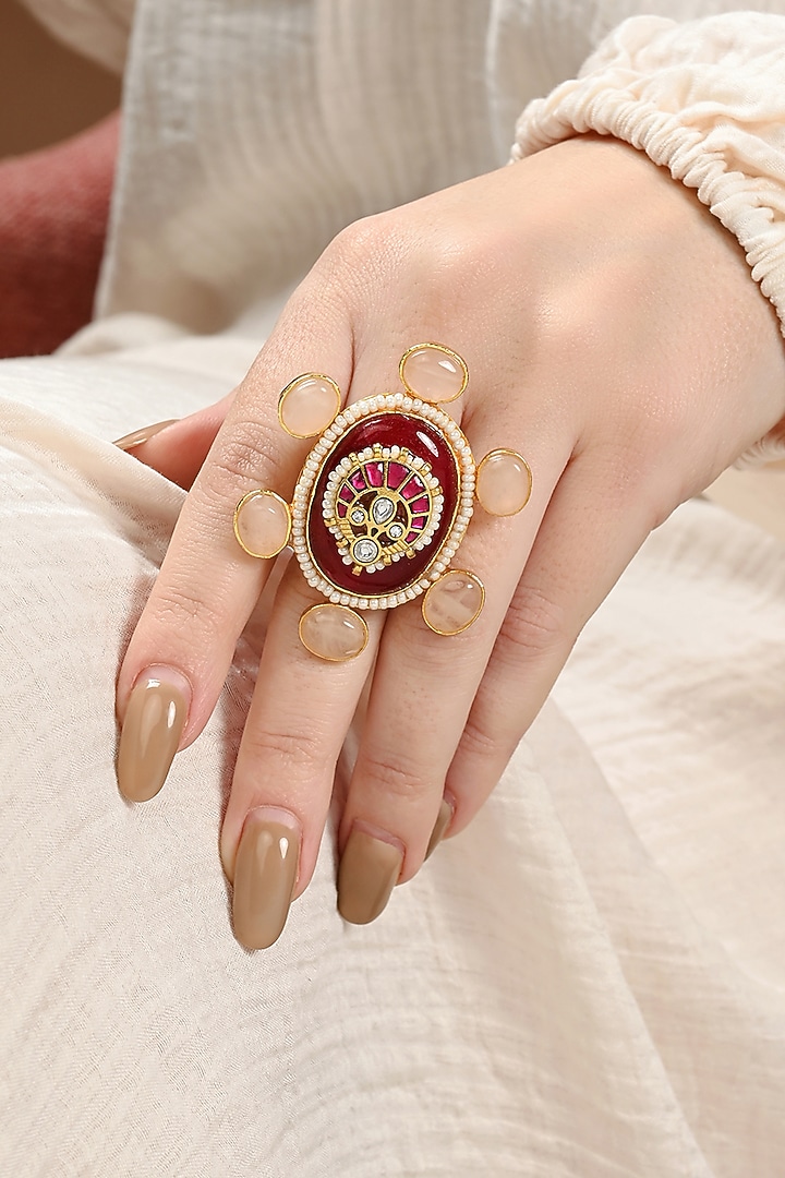 Gold Plated Red Agate & Kundan Polki Ring by Joules By Radhika at Pernia's Pop Up Shop