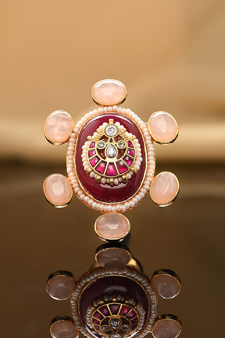 Gold Plated Red Agate & Kundan Polki Ring by Joules By Radhika at Pernia's Pop Up Shop
