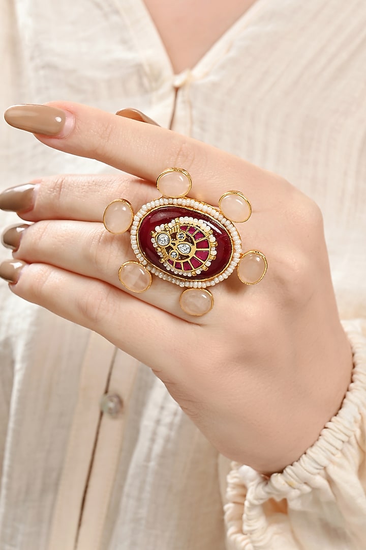 Gold Plated Red Agate & Kundan Polki Ring by Joules By Radhika at Pernia's Pop Up Shop