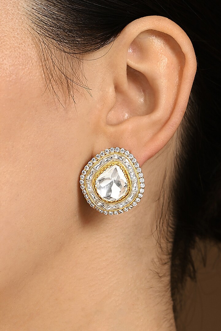 Gold Plated Kundan Polki Stud Earrings by Joules By Radhika