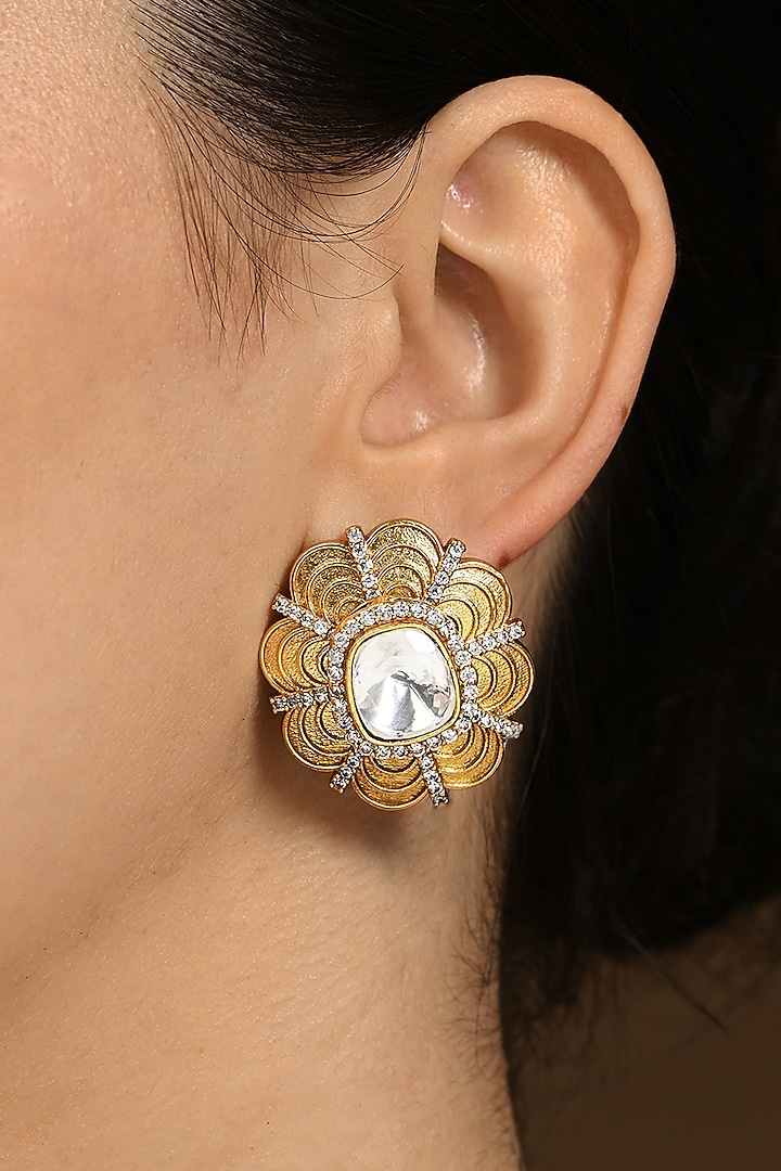 Gold Plated Kundan Polki Floral Stud Earrings by Joules By Radhika