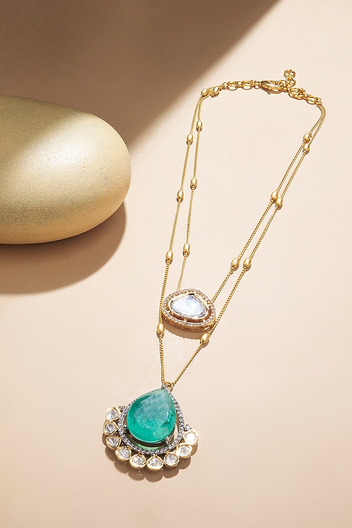 Gold Plated Kundan Polki & Hydro Emerald Chain Necklace by Joules By Radhika at Pernia's Pop Up Shop