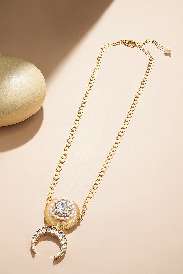 Gold Plated Kundan Polki & Pearl Crescent Chain Necklace by Joules By Radhika at Pernia's Pop Up Shop
