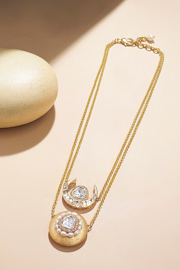 Gold Plated Kundan Polki & Freshwater Pearl Chain Necklace by Joules By Radhika at Pernia's Pop Up Shop