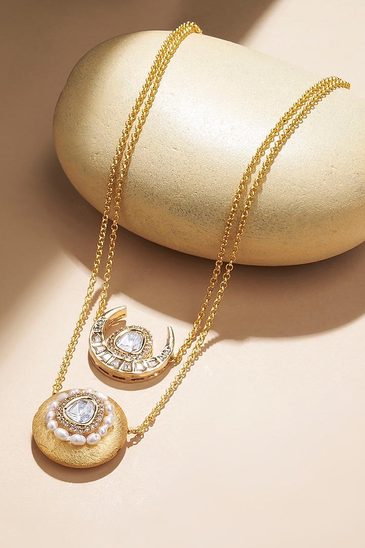 Gold Plated Kundan Polki & Freshwater Pearl Chain Necklace by Joules By Radhika at Pernia's Pop Up Shop