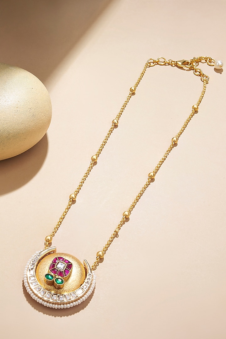 Gold Plated Kundan Polki & Freshwater Pearl Chain Necklace by Joules By Radhika at Pernia's Pop Up Shop