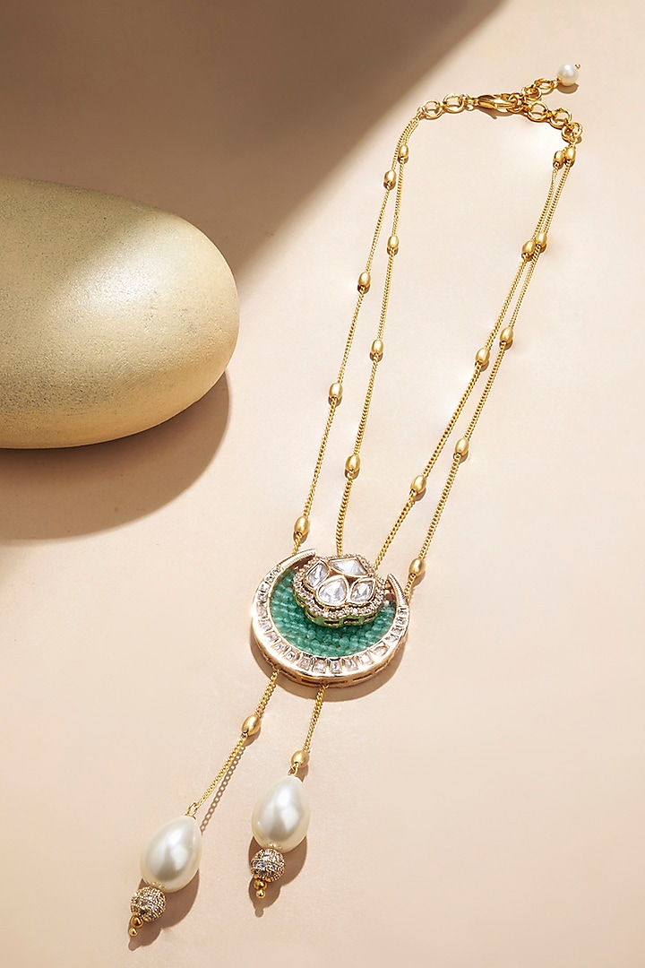 Gold Plated Hydro Kundan Polki & Shell Pearl Drop Chain Necklace by Joules By Radhika at Pernia's Pop Up Shop