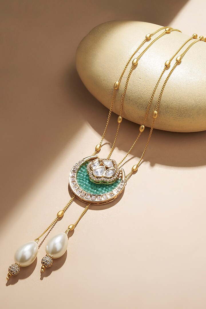Gold Plated Hydro Kundan Polki & Shell Pearl Drop Chain Necklace by Joules By Radhika at Pernia's Pop Up Shop