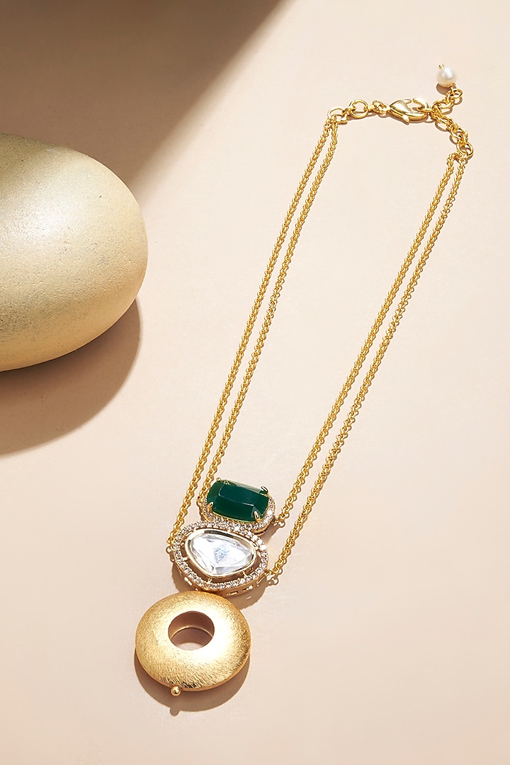Gold Plated Kundan Polki & Hydro Emerald Chain Necklace by Joules By Radhika at Pernia's Pop Up Shop