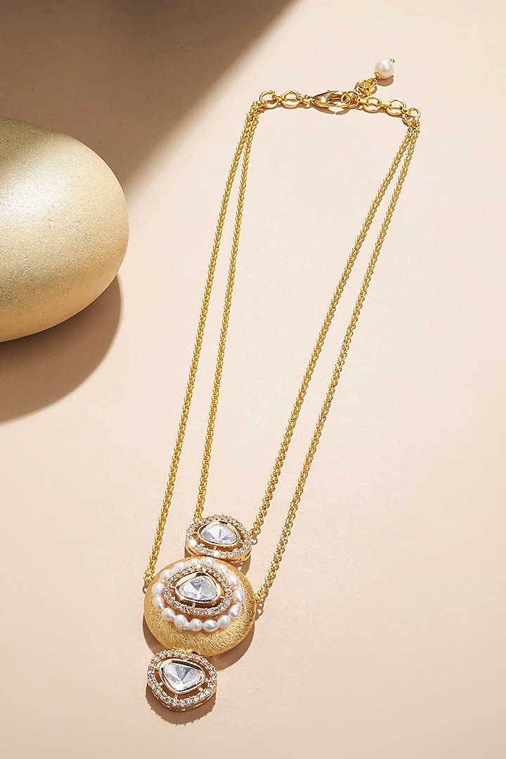Gold Plated Kundan Polki & Freshwater Pearl Chain Necklace by Joules By Radhika at Pernia's Pop Up Shop
