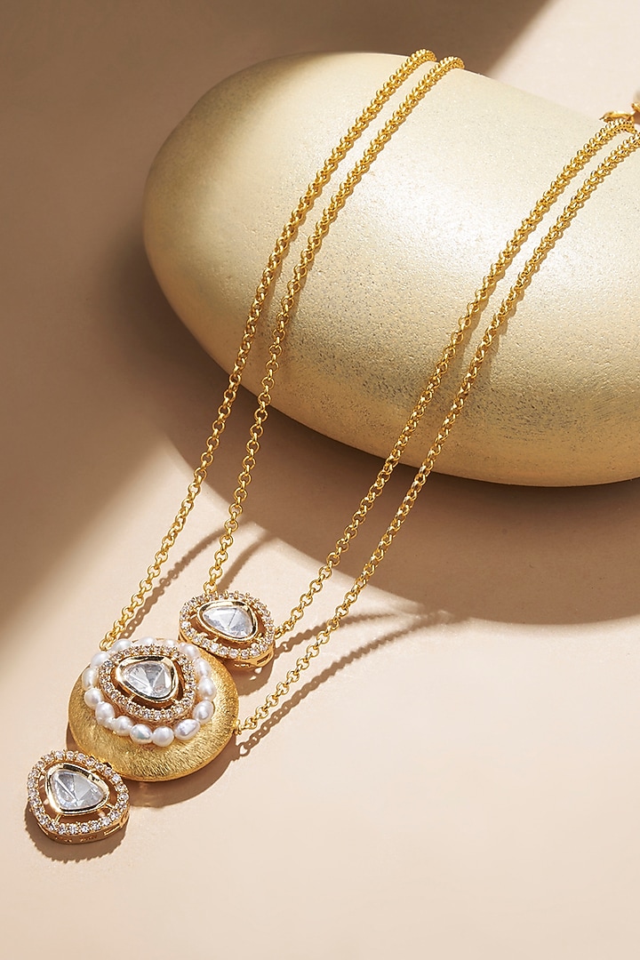 Gold Plated Kundan Polki & Freshwater Pearl Chain Necklace by Joules By Radhika at Pernia's Pop Up Shop