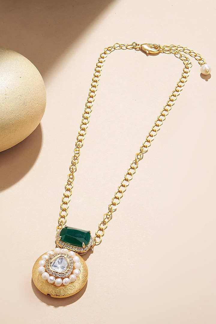 Gold Plated Kundan Polki & Hydro Emerald Chain Necklace by Joules By Radhika