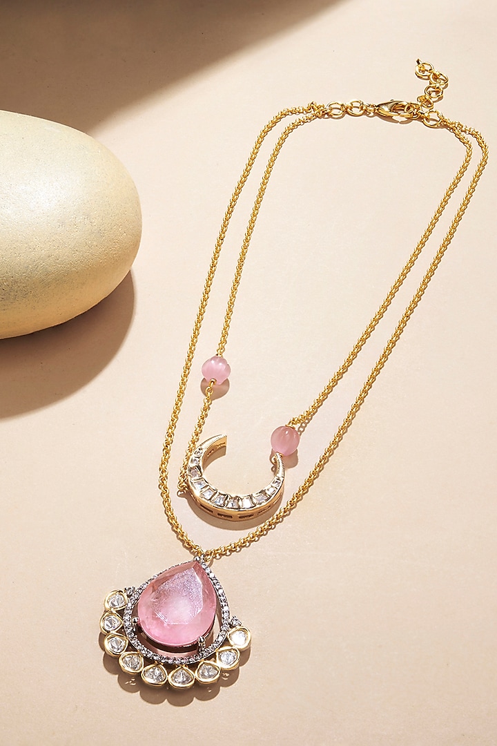 Gold Plated Kundan Polki & Hydro Pink Sapphire Chain Necklace by Joules By Radhika