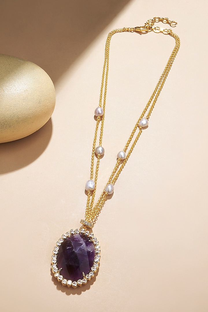 Gold Plated Kundan Polki & Amethyst Chain Necklace by Joules By Radhika