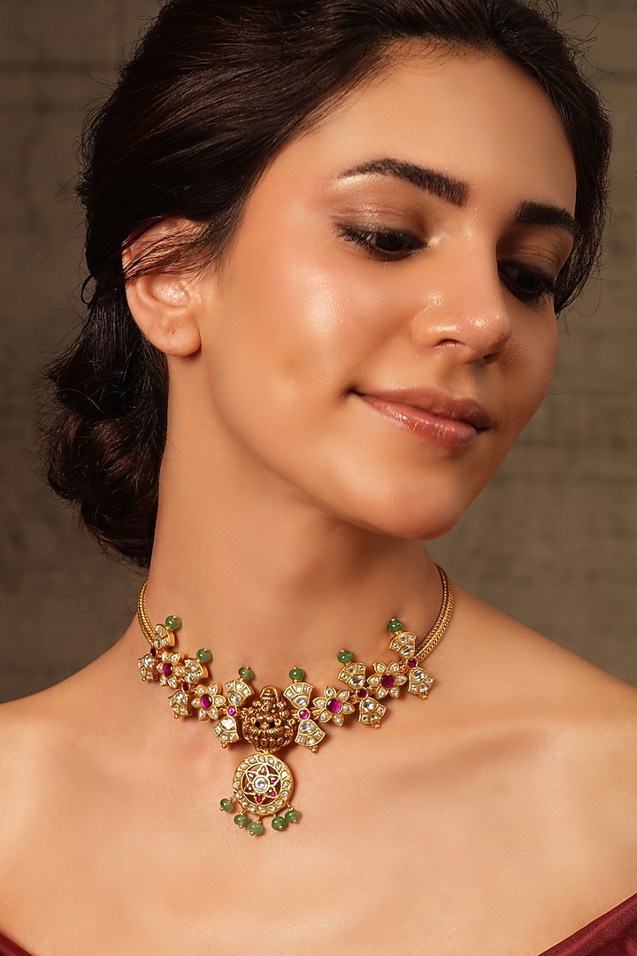 Gold Finish Multi-Colored Stone Temple Choker Necklace by Joules By Radhika at Pernia's Pop Up Shop