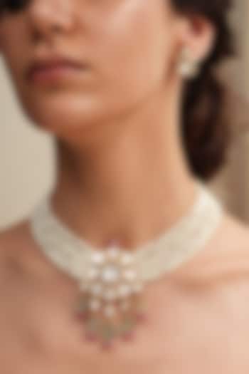 Gold Finish White Beaded & Kundan Polki Necklace Set by Joules By Radhika at Pernia's Pop Up Shop
