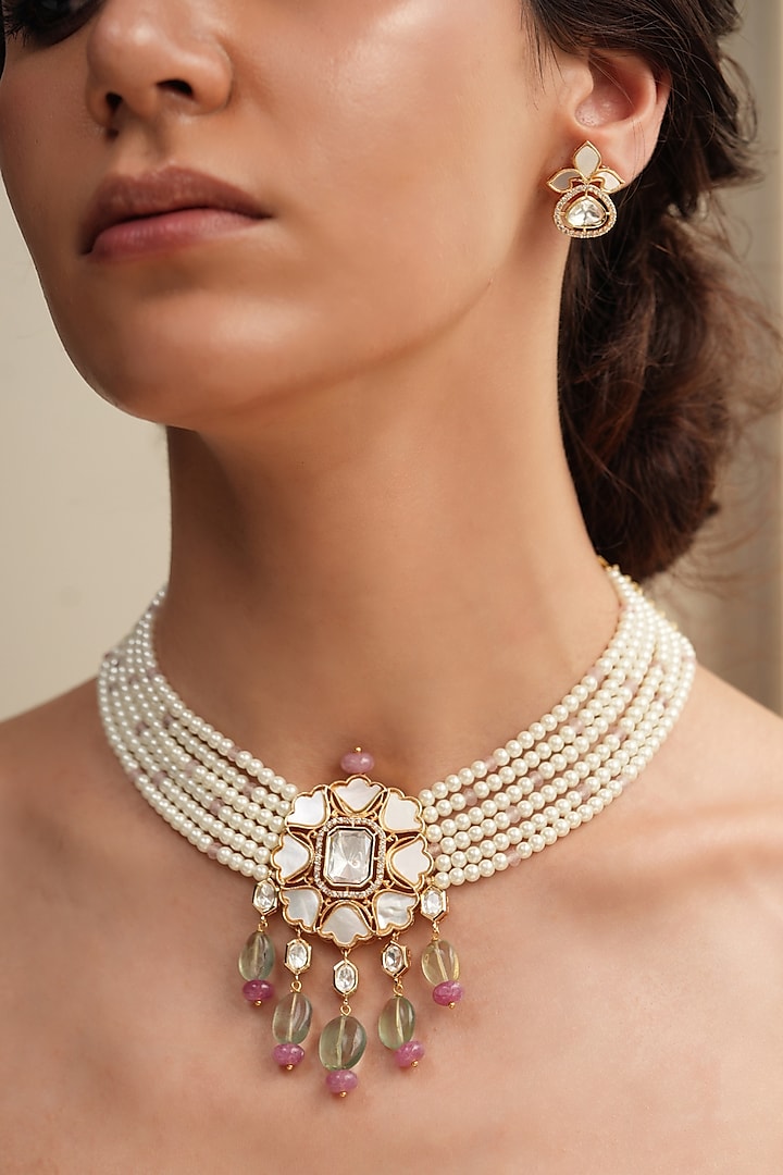 Gold Finish White Beaded & Kundan Polki Necklace Set by Joules By Radhika at Pernia's Pop Up Shop