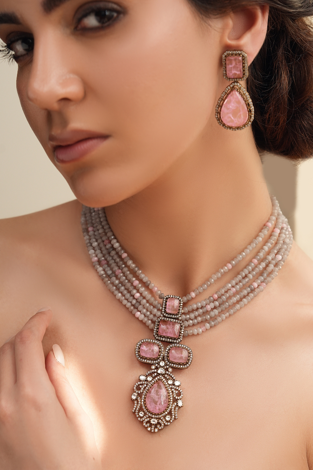 Gold Finish Pink Stone & Grey Beaded Necklace Set by Joules By Radhika at Pernia's Pop Up Shop