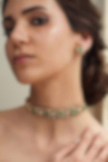 Gold Finish Light Green Stone Choker Necklace Set by Joules By Radhika at Pernia's Pop Up Shop
