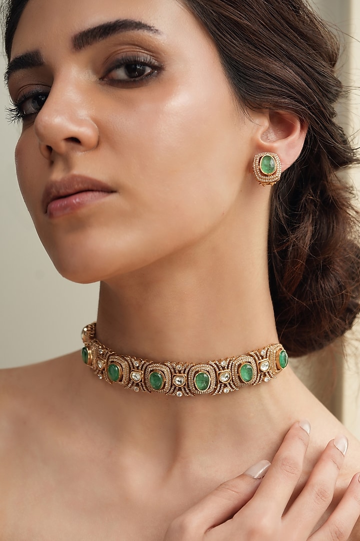 Gold Finish Light Green Stone Choker Necklace Set by Joules By Radhika at Pernia's Pop Up Shop