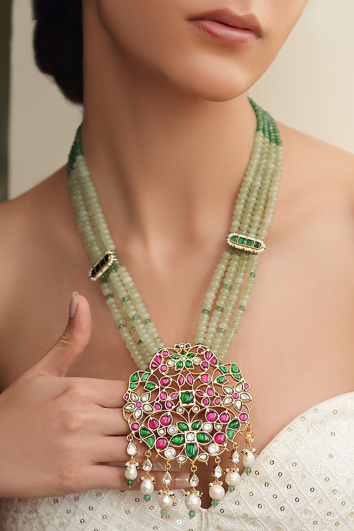 Gold Finish Multi-Colored Stone & Beaded Long Necklace by Joules By Radhika at Pernia's Pop Up Shop