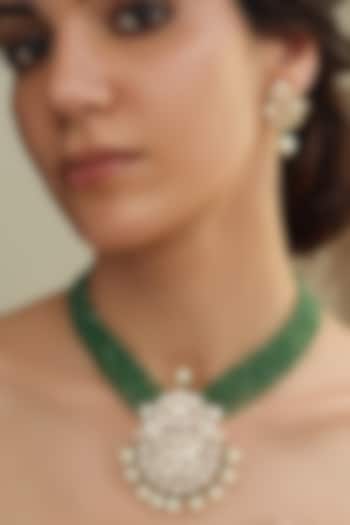 Gold Finish Kundan Polki & Green Beaded Necklace Set by Joules By Radhika at Pernia's Pop Up Shop
