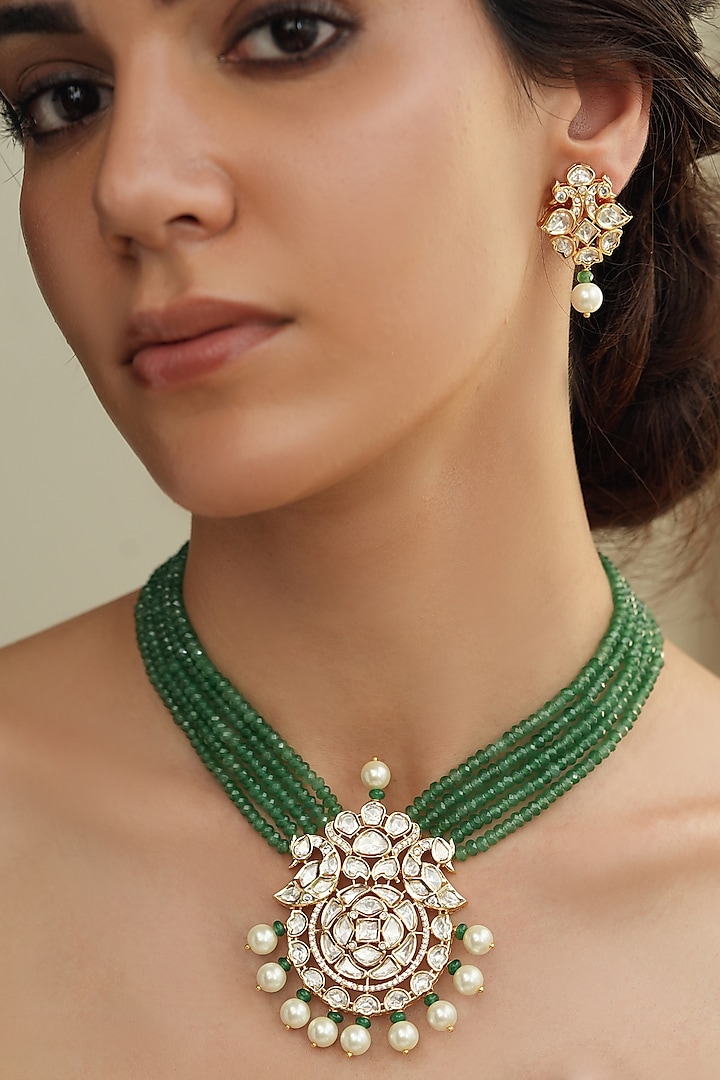 Gold Finish Kundan Polki & Green Beaded Necklace Set by Joules By Radhika at Pernia's Pop Up Shop
