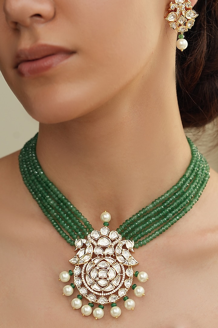 Gold Finish Kundan Polki & Green Beaded Necklace Set by Joules By Radhika at Pernia's Pop Up Shop