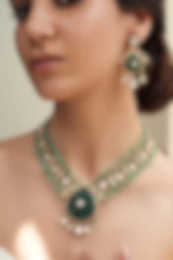 Gold Finish Kundan Polki & Green Stone Layered Necklace Set by Joules By Radhika at Pernia's Pop Up Shop