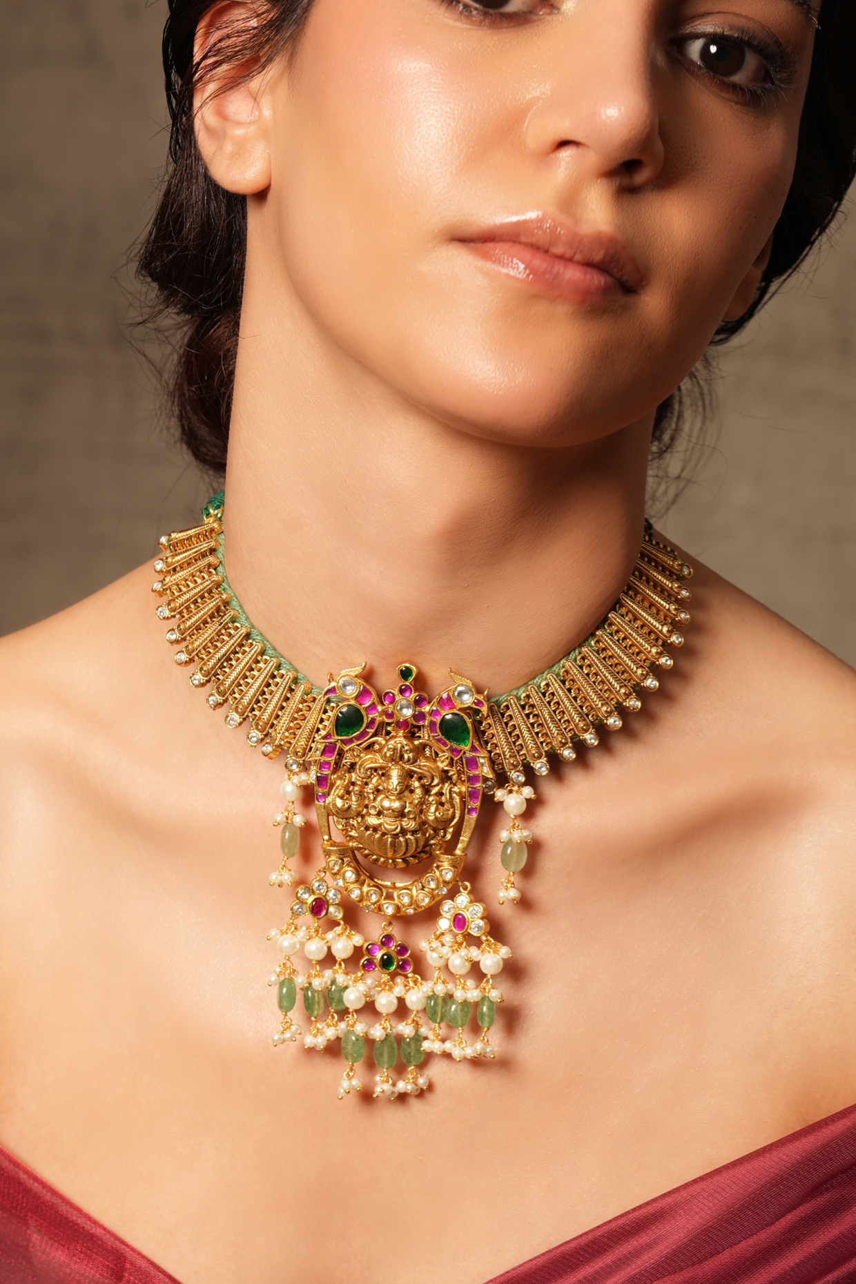 Gold Finish Pearl Temple Choker Necklace by Joules By Radhika at Pernia's Pop Up Shop