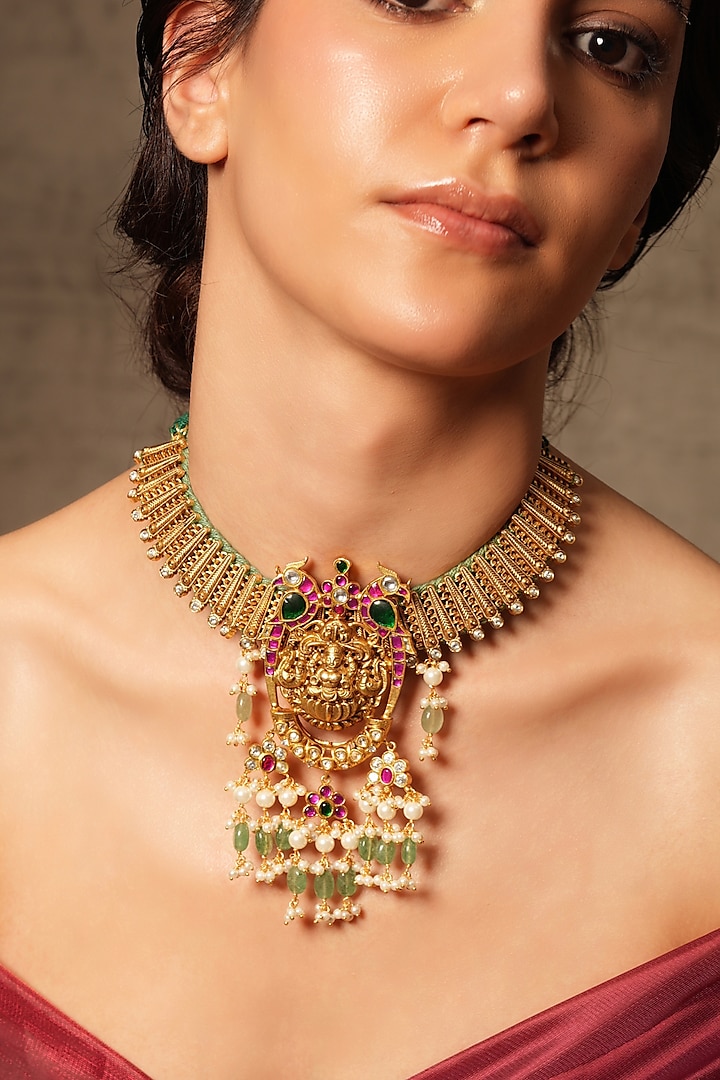 Gold Finish Pearl Temple Choker Necklace by Joules By Radhika at Pernia's Pop Up Shop